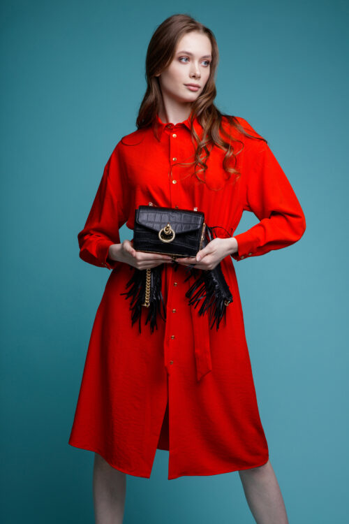donna-in-un-bel-vestito-rosso-borsa-nera-in-posa-su-sfondo-blu-turchese-studio-shot